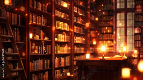 Lofi background featuring a cozy library with soft warm light and blurred bookshelves