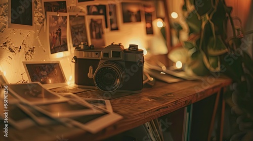 Lofi backdrop of a vintage camera on a shelf with blurred photos warm ambient light creating a creative background atmosphere photo