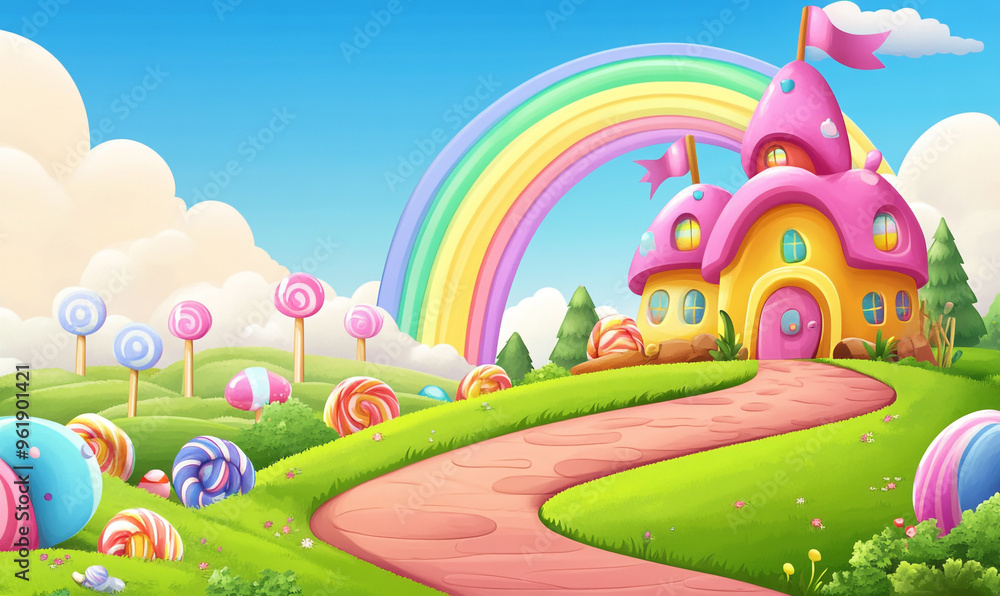 Fototapeta premium Candyland background with rainbow, candy house and lollipops on the grass field cartoon vector illustration design for game background or wallpaper.