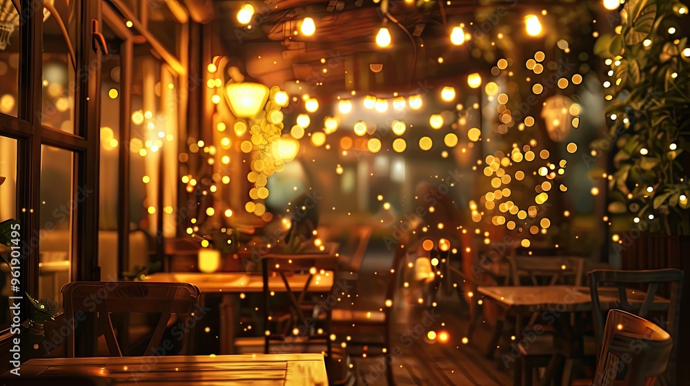 Obraz premium Lofi background showing a cozy café scene at dusk with softly glowing lights and blurred wood textures creating an inviting backdrop