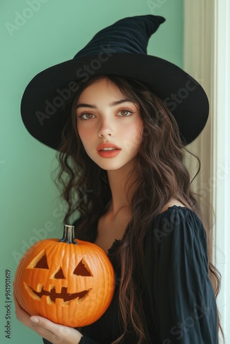 A woman in a black hat and a black dress holding a pumpkin