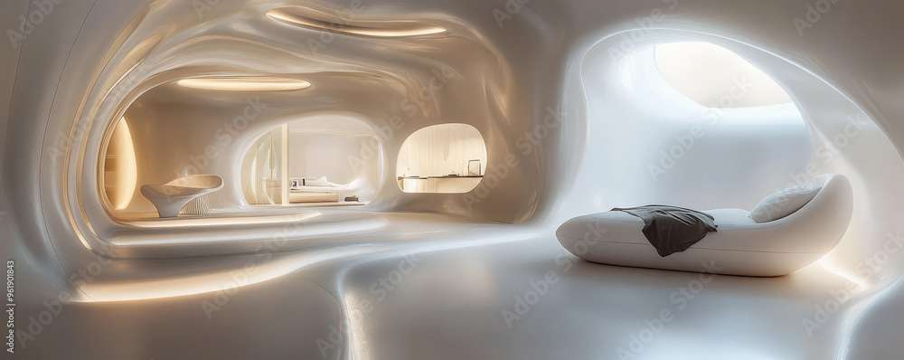 A futuristic 3D white bedroom with sleek, glowing floor lights and modern, abstract furniture. The walls have soft curves, and the light is diffused. A futuristic 3D white bedroom with sleek, glowing floor lights and modern, abstract furniture. The walls have soft curves, and the light is diffused.