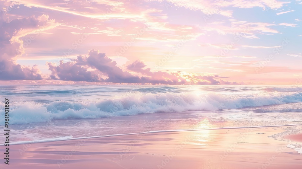 Lofi backdrop showing a tranquil beach at dawn with pastel sky gradients and blurred waves creating a peaceful background Lofi backdrop showing a tranquil beach at dawn with pastel sky gradients and blurred waves creating a peaceful background