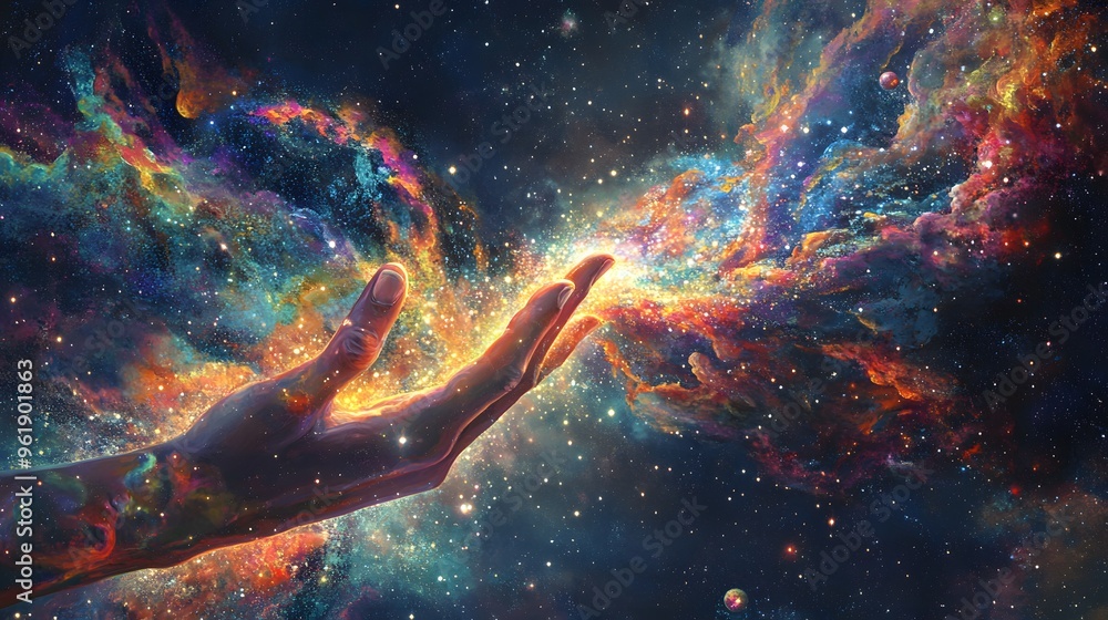 Hand Touching the Edge of the Universe: A hand reaching out to touch the shimmering boundary of the universe, with vibrant colors and patterns.
Hand Touching the Edge of the Universe: A hand reaching out to touch the shimmering boundary of the universe, with vibrant colors and patterns.