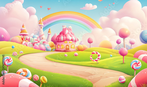 Candyland background with rainbow, candy house and lollipops on the grass field cartoon vector illustration design for game background or wallpaper.  photo