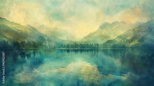 Impressionism wallpaper depicting a tranquil lake with blurred reflections and vibrant brushstrokes with diffused light over mountains photo