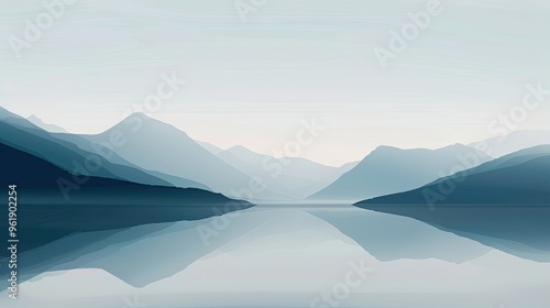 Minimalism wallpaper of a serene lake with clean lines soft gradients and smooth simple mountain shapes in the background