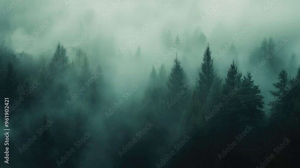 A forest with trees covered in fog A forest with trees covered in fog