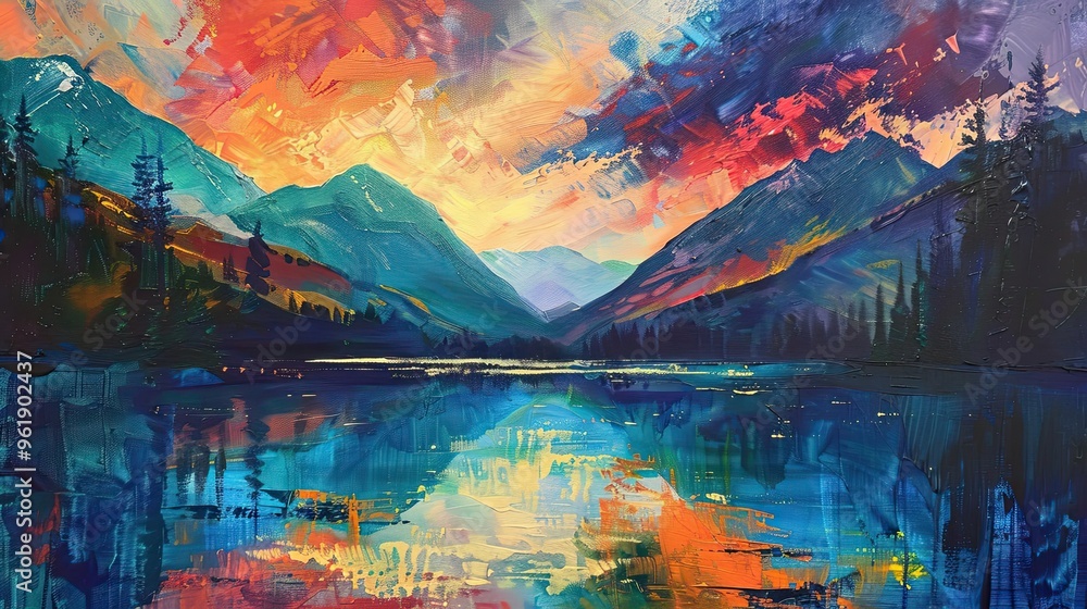 Fauvism backdrop of a calm lake with bold expressive brushstrokes and vibrant mountain patterns filled with intense energy Fauvism backdrop of a calm lake with bold expressive brushstrokes and vibrant mountain patterns filled with intense energy