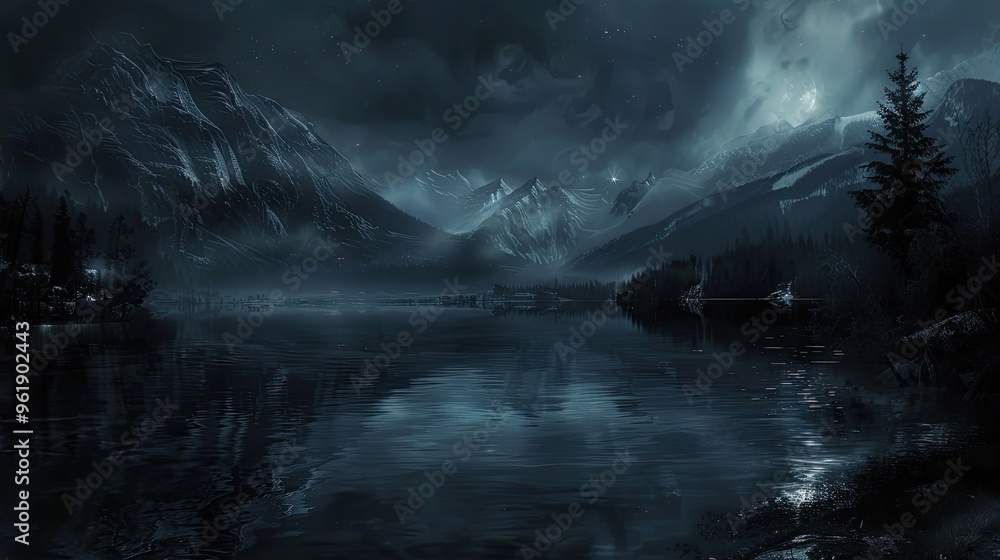 Gothic wallpaper showing a peaceful lake with dark intricate tones and mountains illuminated by soft eerie light creating mystery Gothic wallpaper showing a peaceful lake with dark intricate tones and mountains illuminated by soft eerie light creating mystery