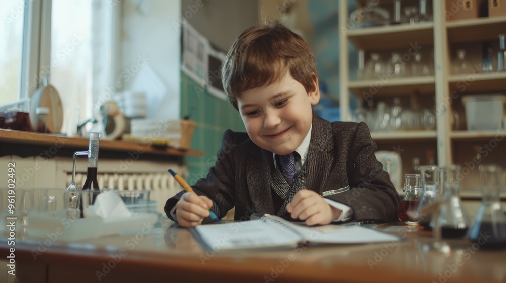 A young boy in a suit, smiling while writing in a notebook, sits in a brightly lit, classroom-like laboratory filled with glass beakers and scientific equipment. A young boy in a suit, smiling while writing in a notebook, sits in a brightly lit, classroom-like laboratory filled with glass beakers and scientific equipment.