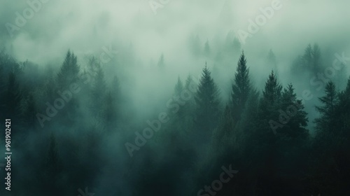 A forest with trees covered in fog