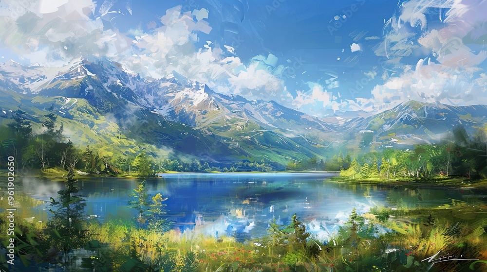 Impressionism wallpaper with a serene lake green forests and snowy mountains in a vibrant background Impressionism wallpaper with a serene lake green forests and snowy mountains in a vibrant background