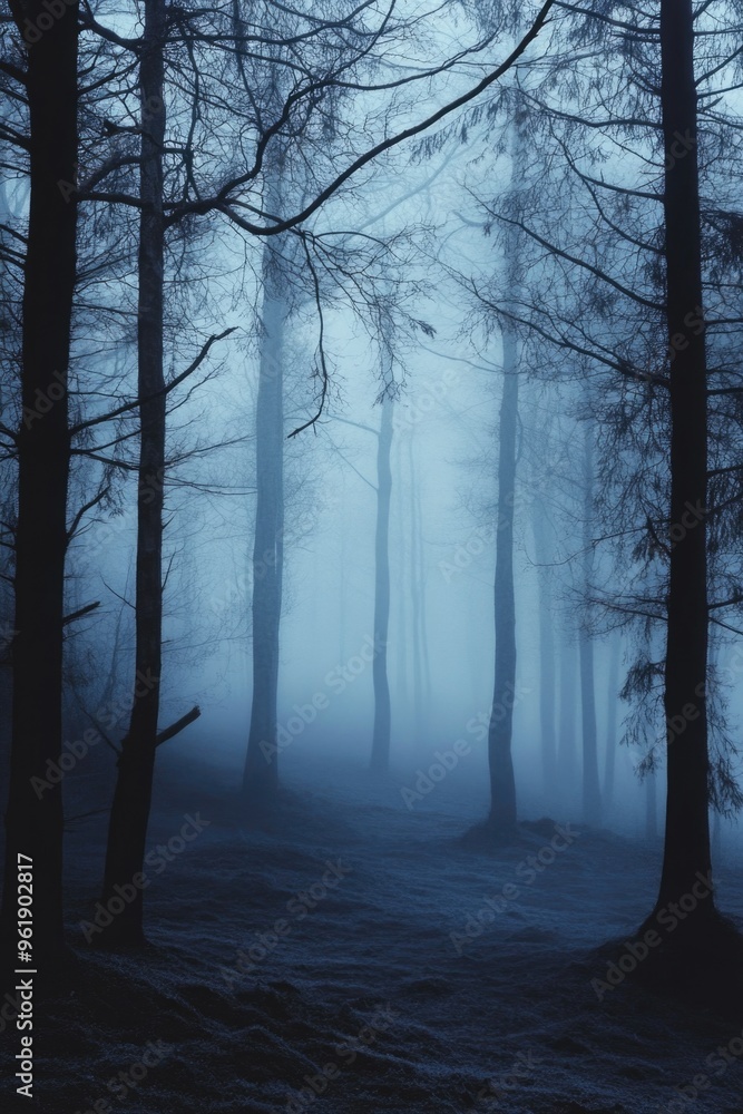 A forest with foggy trees and a misty atmosphere A forest with foggy trees and a misty atmosphere