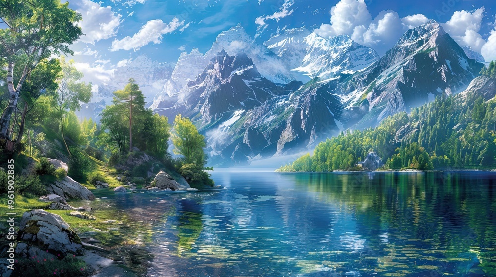 Mannerism background with elegant forms showing a serene lake forests and snow-capped mountains under a bright sky Mannerism background with elegant forms showing a serene lake forests and snow-capped mountains under a bright sky