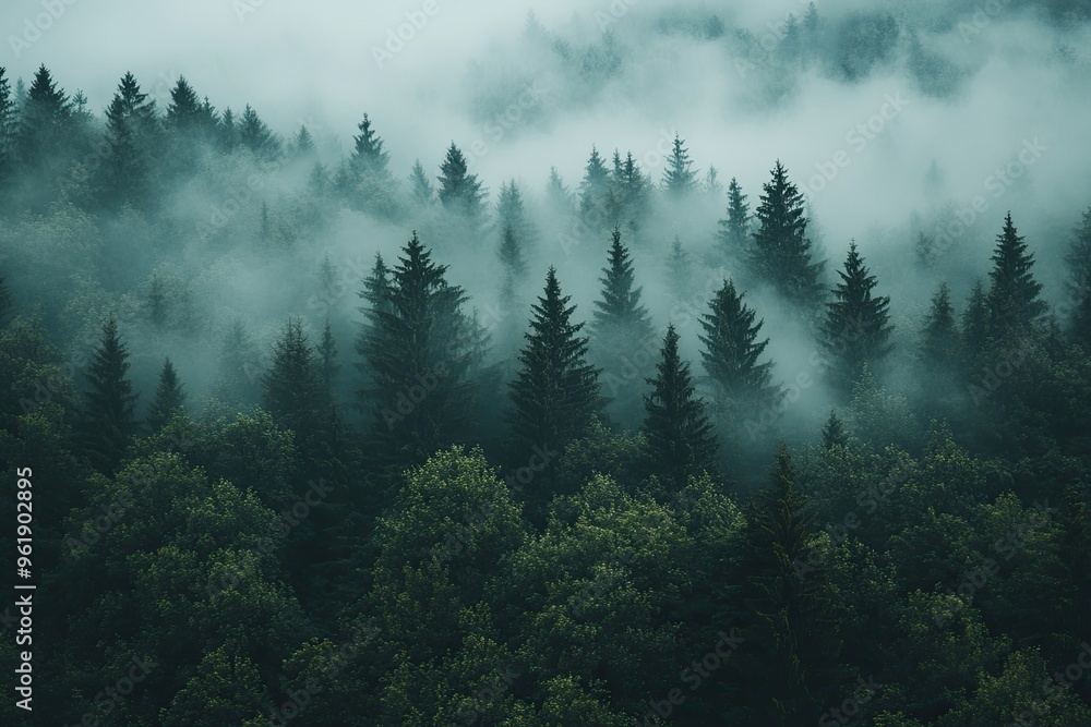 Misty Forest Landscape: Aerial View of Pine Trees Misty Forest Landscape: Aerial View of Pine Trees