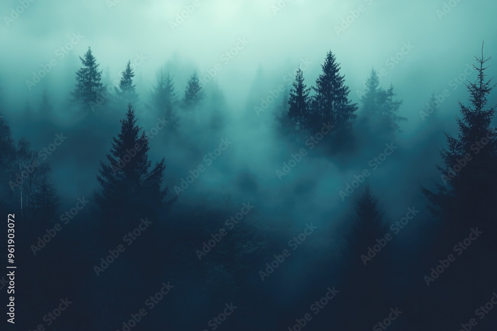 A forest with trees covered in mist A forest with trees covered in mist