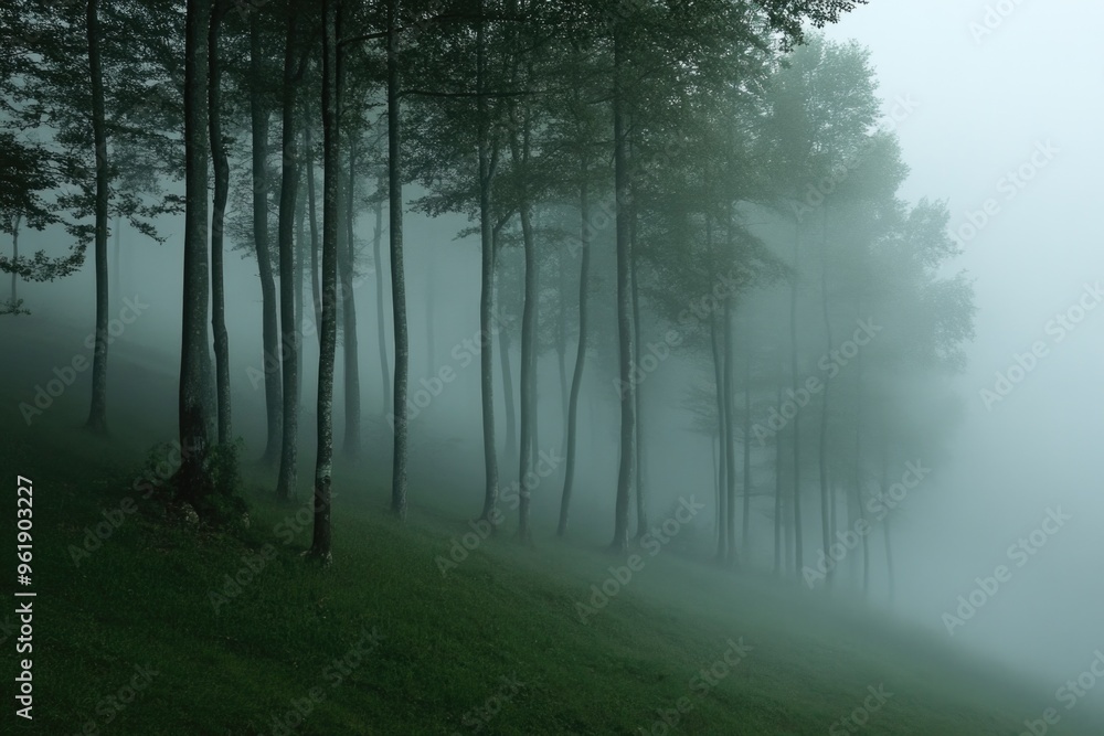 Obraz premium A forest with foggy trees and a hill in the background