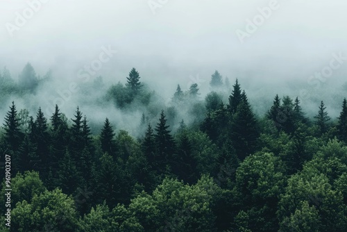 Misty Forest Landscape: A Serene Aerial View of Pine Trees