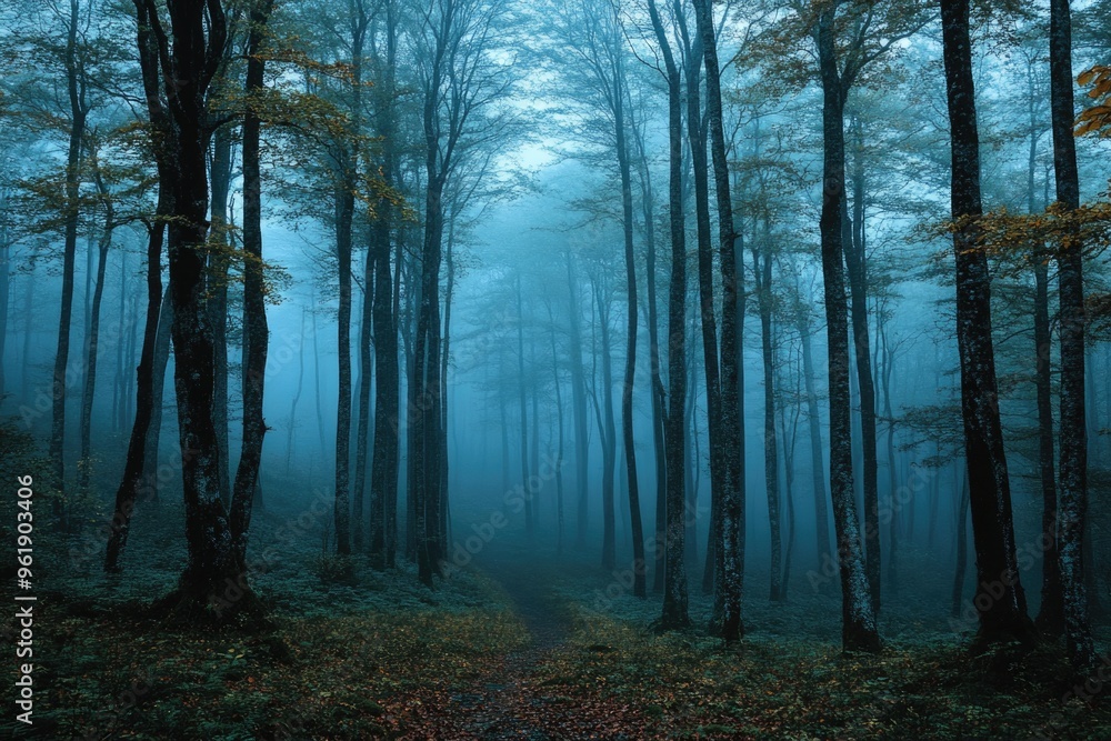 Obraz premium A forest with a foggy atmosphere