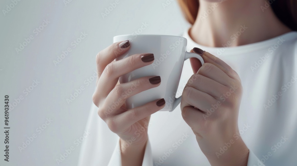 Woman cradles a warm, white mug, nails painted brown, in a serene, minimalistic setting, conveying comfort. Woman cradles a warm, white mug, nails painted brown, in a serene, minimalistic setting, conveying comfort.