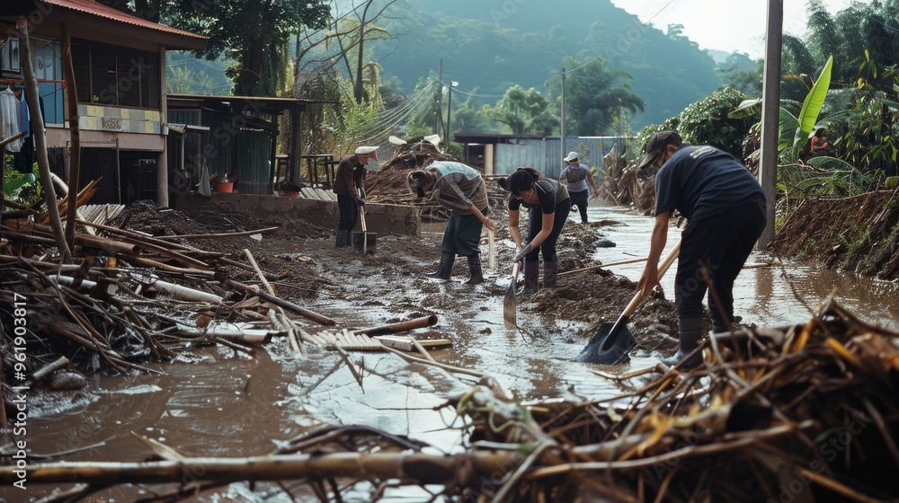 Volunteers work tirelessly in muddy conditions, using shovels and determination to clear debris and restore homes after a disaster. Volunteers work tirelessly in muddy conditions, using shovels and determination to clear debris and restore homes after a disaster.