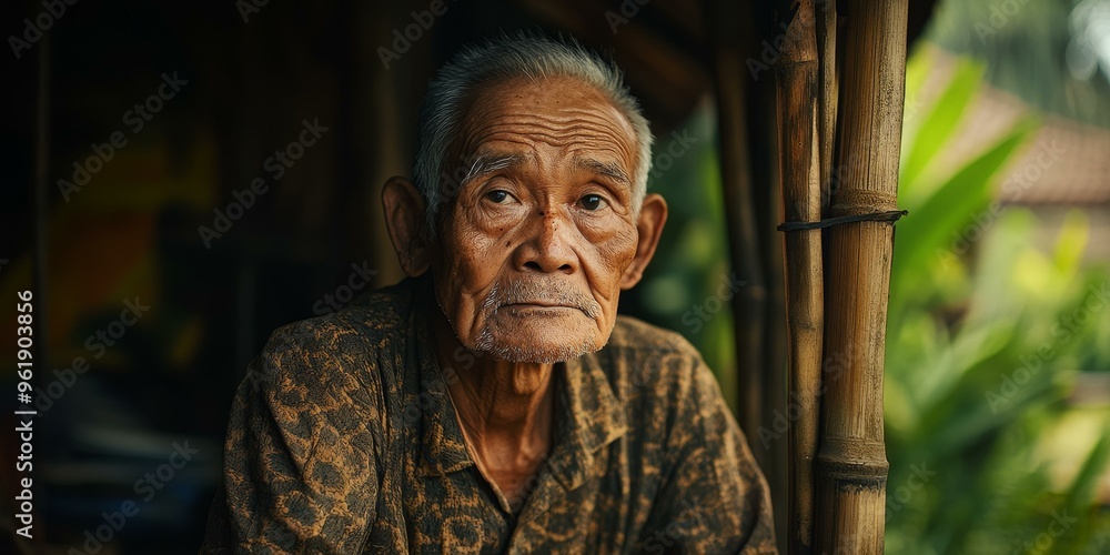 Elderly man looking away by bamboo. Elderly man looking away by bamboo.