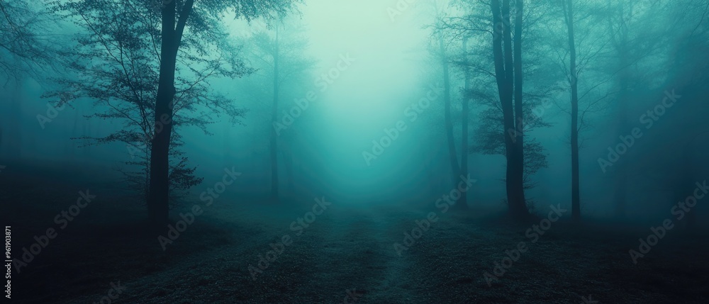A forest with foggy trees and a road A forest with foggy trees and a road
