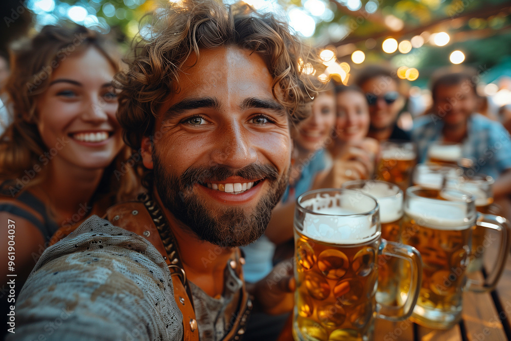 Portrait of happy guy drinking beer during Octoberfest in Germany. Portrait of happy guy drinking beer during Octoberfest in Germany.