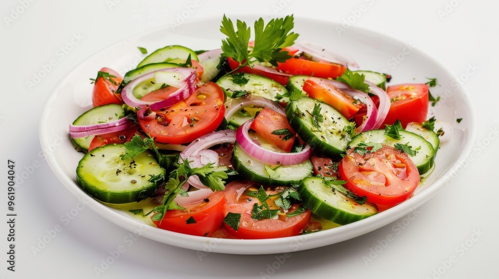 Crisp and vibrant salad with cucumbers, tomatoes, and red onions, garnished with fresh parsley and a sprinkle of pepper, served on a white plate. Crisp and vibrant salad with cucumbers, tomatoes, and red onions, garnished with fresh parsley and a sprinkle of pepper, served on a white plate.