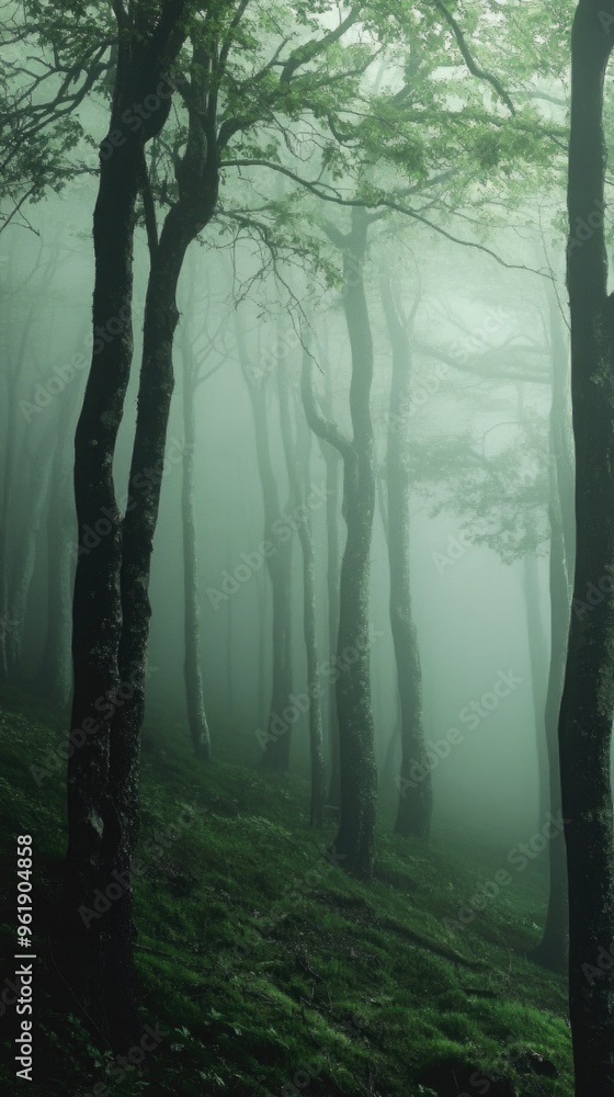 Fototapeta premium A forest with trees and fog
