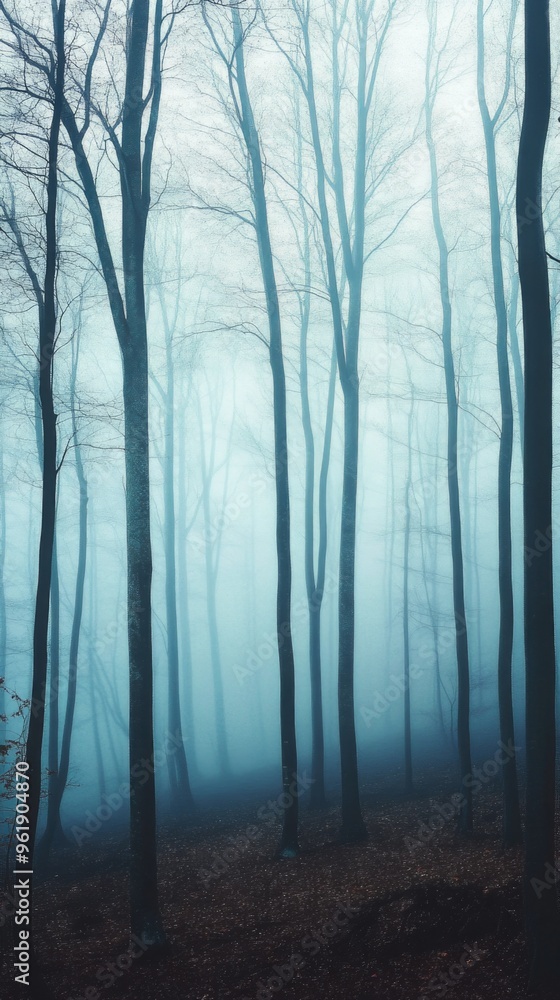 Fototapeta premium A forest with trees in the background and a foggy sky