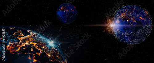 futuristic depiction of Earth from space, showcasing glowing city lights across continents and a global digital network overlay photo