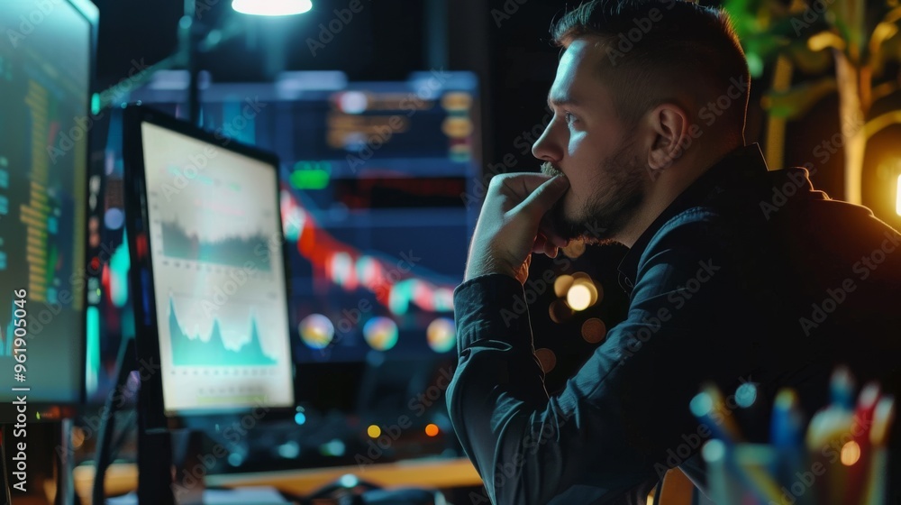 A man engrossed in work at his computer station, analyzing data on multiple screens in a dimly lit, focused environment. A man engrossed in work at his computer station, analyzing data on multiple screens in a dimly lit, focused environment.
