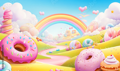 Candyland background with rainbow, candy house and lollipops on the grass field cartoon vector illustration design for game background or wallpaper.  photo