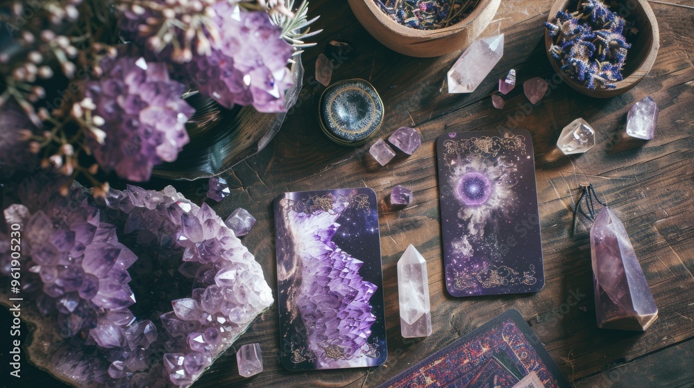Fototapeta premium An enchanting setup with amethyst crystals, tarot cards, and mystical items on a wooden table, perfect for spiritual rituals.