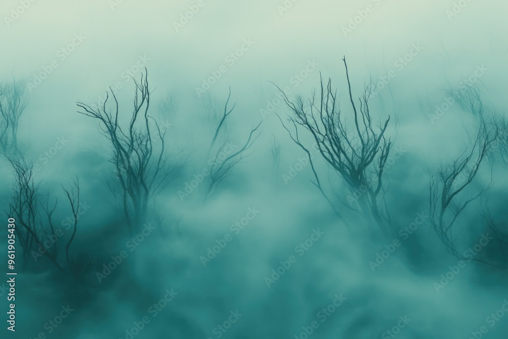 Obraz premium The image is of a forest with trees and fog