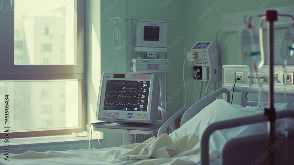 An empty hospital room with medical equipment, exuding a feeling of sterility and quiet. An empty hospital room with medical equipment, exuding a feeling of sterility and quiet.