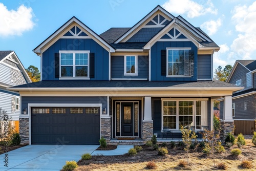 A two-story house with blue siding photo