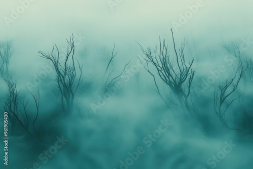 The image is of a forest with trees and fog