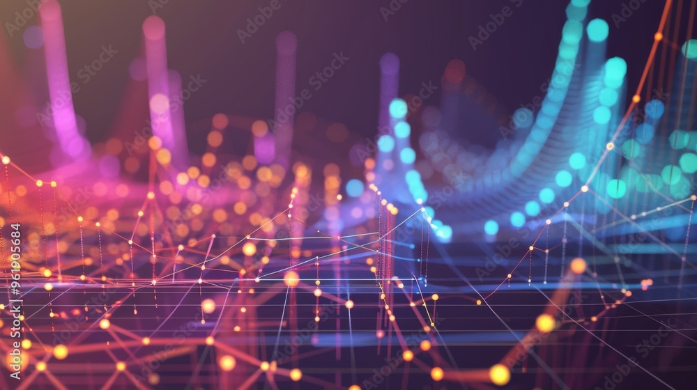 Obraz premium Abstract colorful data visualization graph with neon lights and digital nodes illustrating complex statistical analysis and technological innovation.