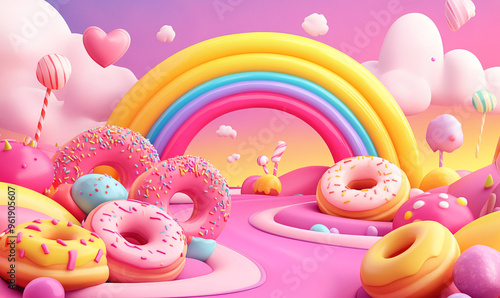 Candyland background with rainbow, candy house and lollipops on the grass field cartoon vector illustration design for game background or wallpaper.  photo