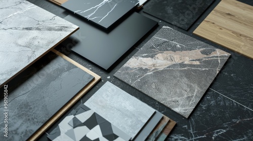 A detailed view of various textured and patterned tile samples beautifully arranged, showcasing interior design choices.