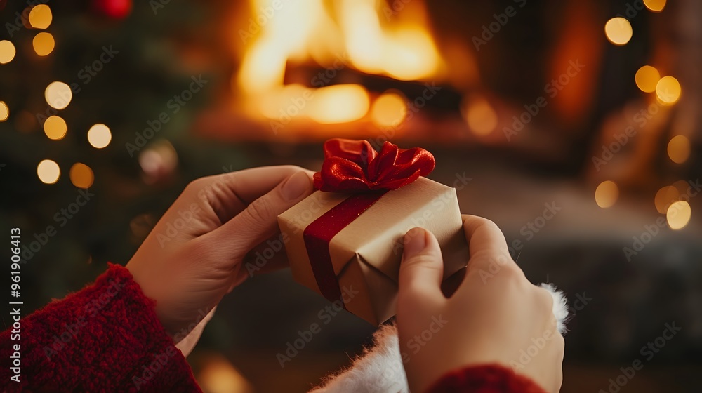 Hands Placing a Gift Box in a Stocking: A close-up of hands slipping a small gift box into a Christmas stocking, with a fireplace in the background.
Hands Placing a Gift Box in a Stocking: A close-up of hands slipping a small gift box into a Christmas stocking, with a fireplace in the background.