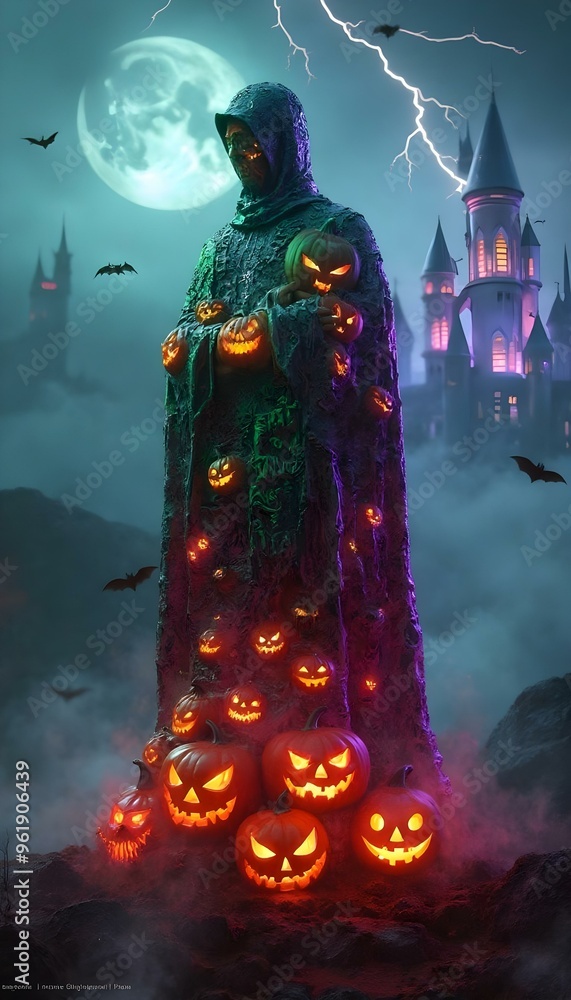 Fototapeta premium a statue with seamless pattern featuring Halloween jack-o'-lanterns with scary faces, 