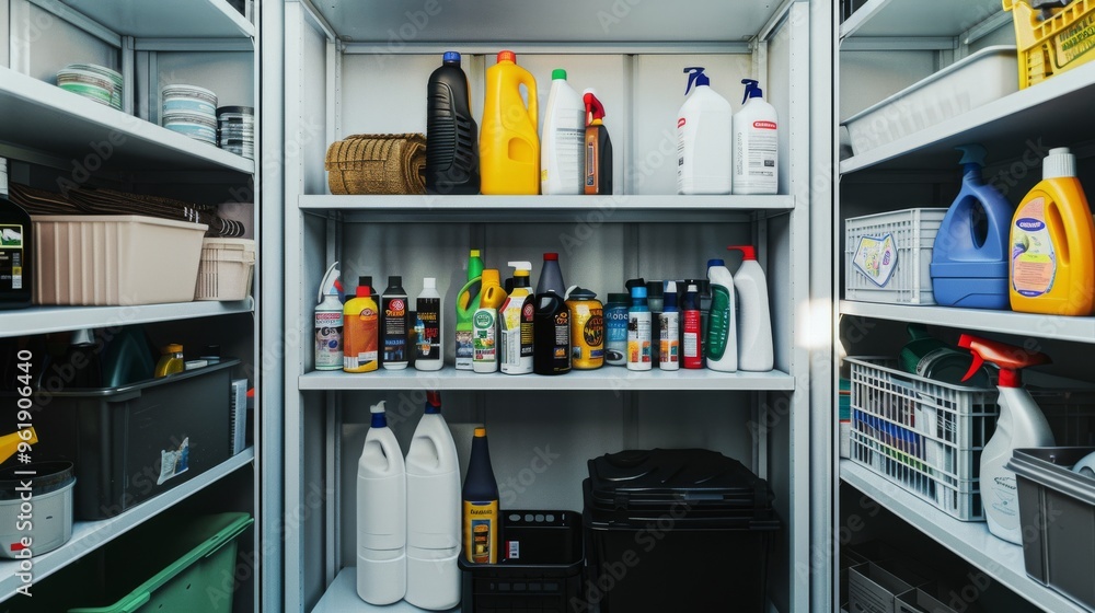 An organized storage closet filled with various cleaning supplies and household items, meticulously arranged on sturdy shelves. An organized storage closet filled with various cleaning supplies and household items, meticulously arranged on sturdy shelves.