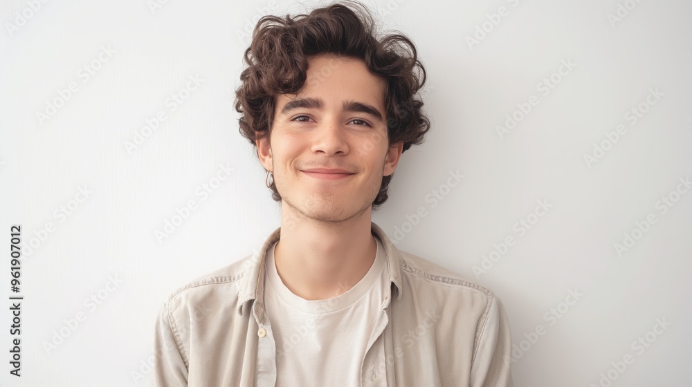 photo of a happy young man with curly hair, wearing casual attire, standing against a white background, smiling and looking at the camera with professional studio lighting photo of a happy young man with curly hair, wearing casual attire, standing against a white background, smiling and looking at the camera with professional studio lighting