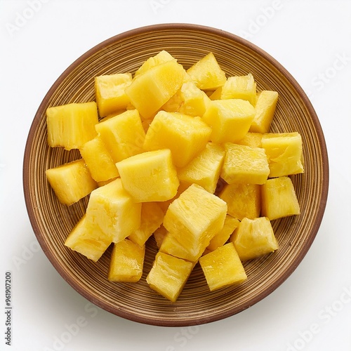 handful of pineapple chopped into small cubes, isolated on white background