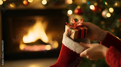 Hands Placing a Gift Box in a Stocking: A close-up of hands slipping a small gift box into a Christmas stocking, with a fireplace in the background. 