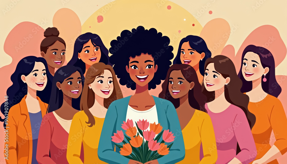 Diverse Group of Women with Bouquet and Gradient Background Diverse Group of Women with Bouquet and Gradient Background